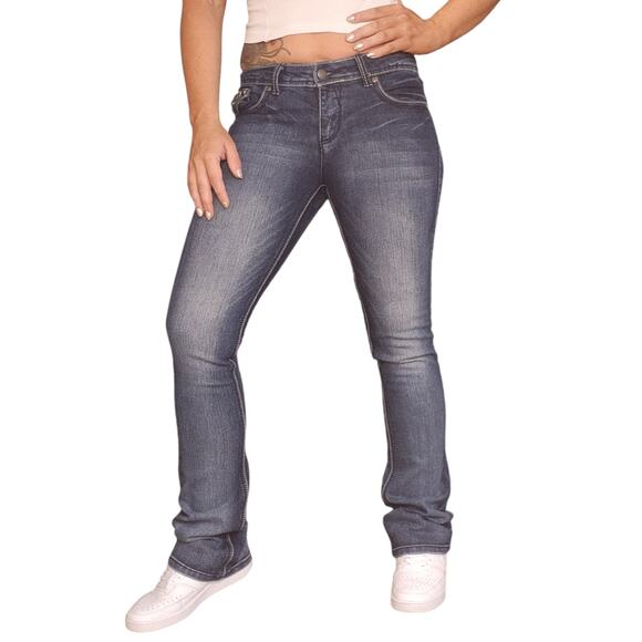 Bling Bootcut Jeans 5/6 28 Abrasion Faded Y2k Embroidered Sequins Low Rise - Picture 4 of 12